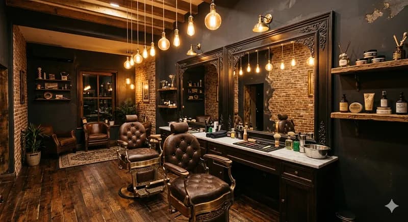 Interior da barbearia — iluminação quente e cadeiras de barbeiro