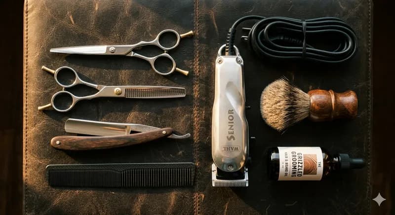 Ferramentas profissionais de barbeiro alinhadas