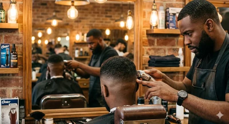 Barbeiro a trabalhar — fade de precisão em curso